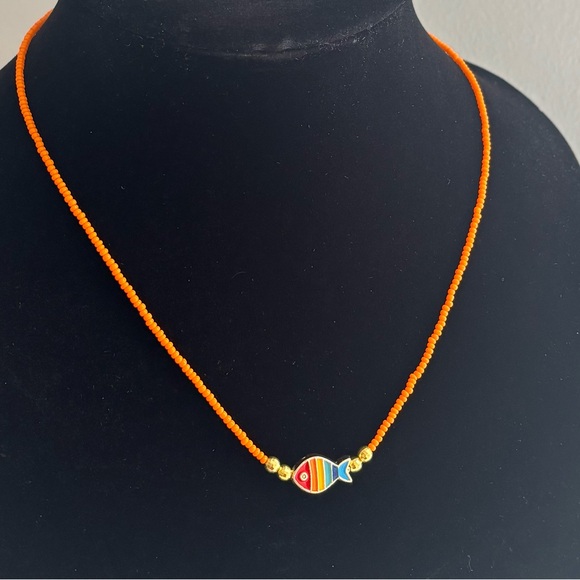 Orange Beaded Necklace with Multicolor Fish Accent - Picture 4 of 7